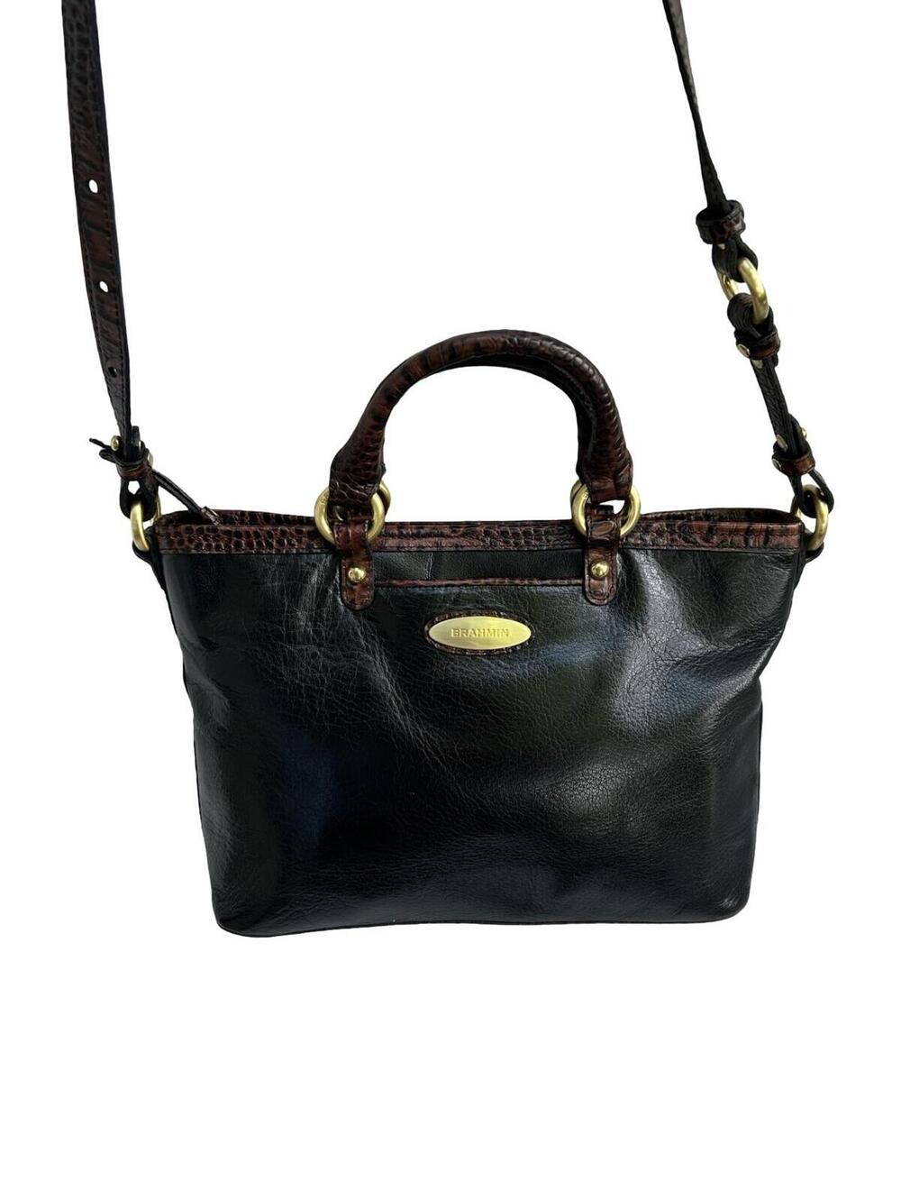 Vintage‎ Brahmin Black Leather Croc Embossed Satchel Crossbody Bag